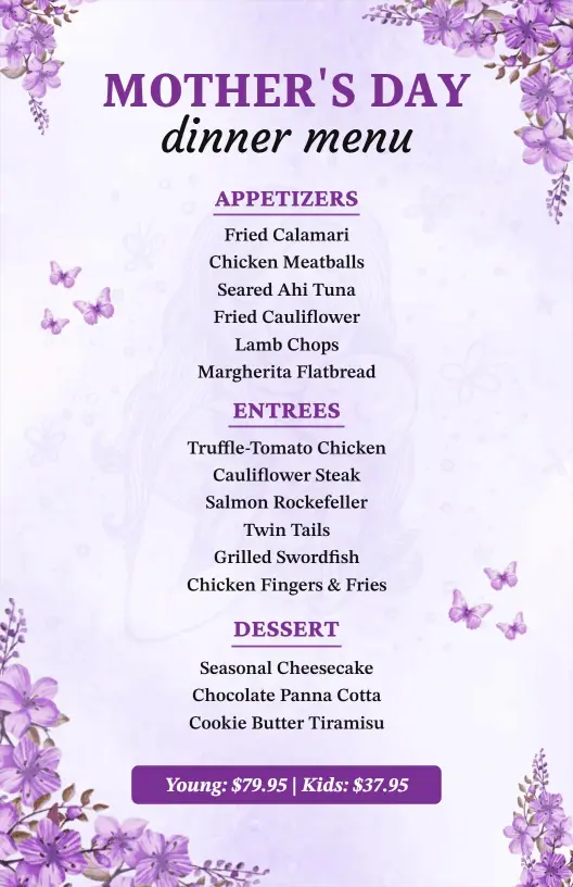 Charming Violet Floral Mother's Day Dinner Menu Template