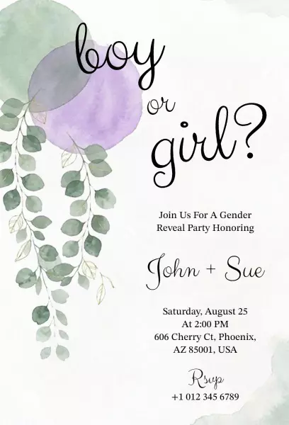 Charming Watercolor Botanical Gender Reveal Party Invitation Template