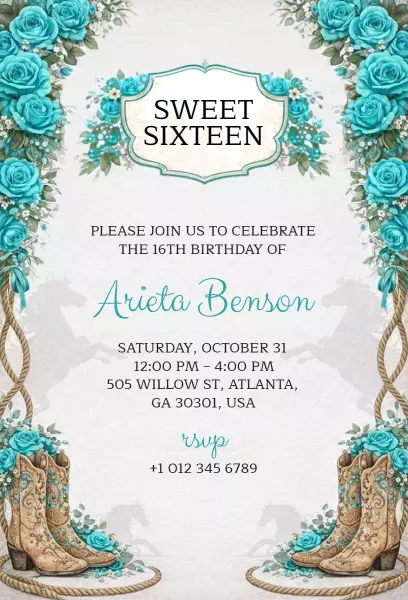 Charming Western Floral Sweet 16 Birthday Celebration Invitation Template