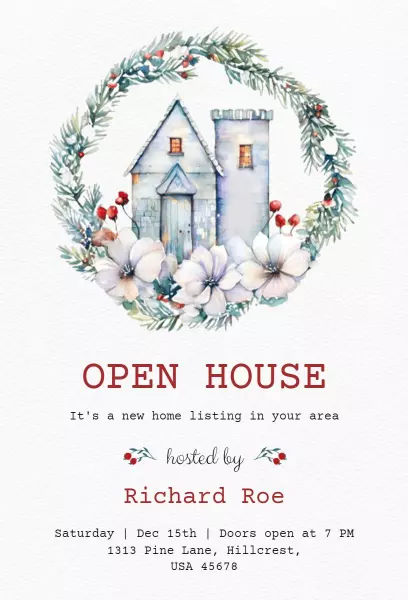 Charming Winter Cottage Open House Invitation Template