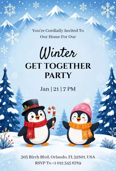 Charming Winter Penguin Get Together Party Invitation Template