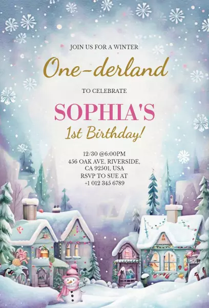 Charming Winter Wonderland 1st Birthday Celebration Invitation Template