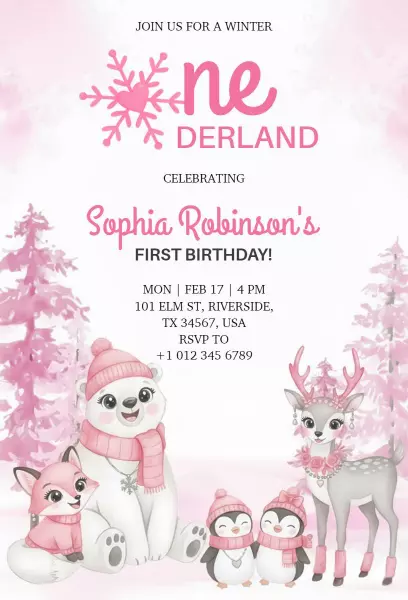 Charming Winter Wonderland 1st Birthday Invitation Template