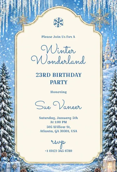 Charming Winter Wonderland 23rd Birthday Invitation Template