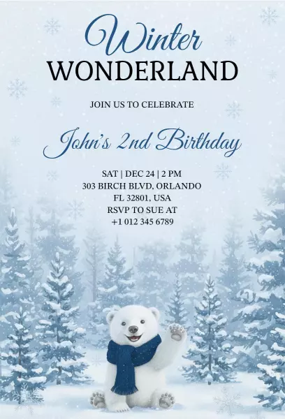 Charming Winter Wonderland 2nd Birthday Celebration Invitation Template