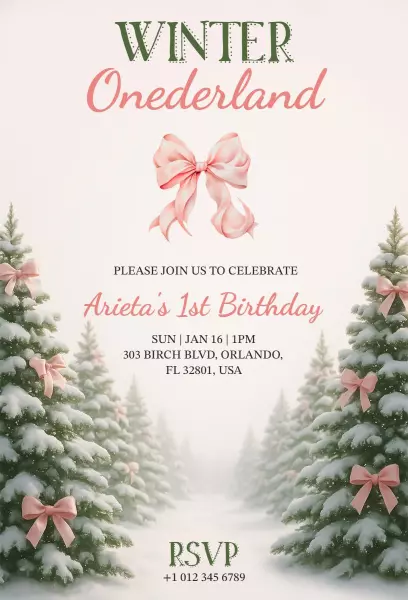 Charming Winter Wonderland First Birthday Celebration Invitation Template