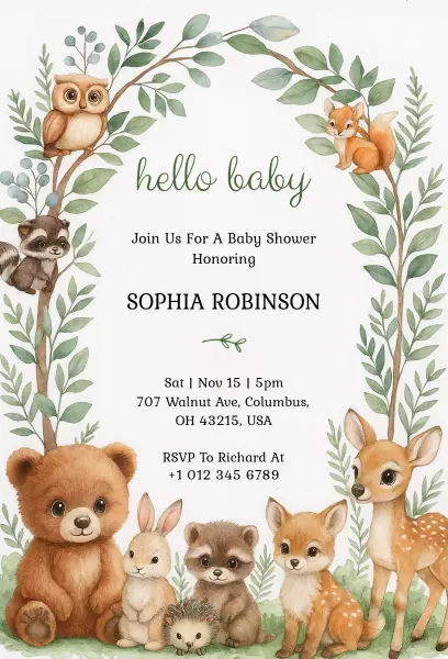 Charming Woodland Animal Baby Shower Celebration Invitation Template