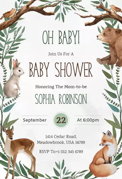 Charming Woodland Animal Themed Baby Shower Invitation Template