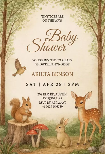 Charming Woodland Animals Baby Shower Celebration Invitation Template