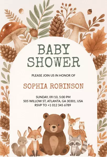 Charming Woodland Themed Baby Shower Celebration Invitation Template