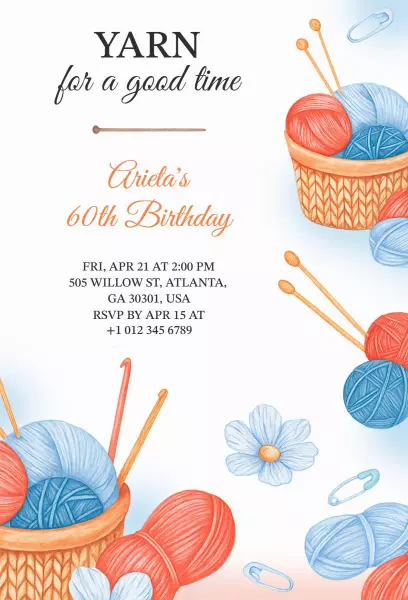 Charming Yarn-Themed 60th Birthday Celebration Invitation Template
