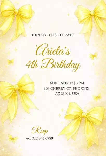 Charming Yellow Bow Themed Birthday Celebration Invitation Template