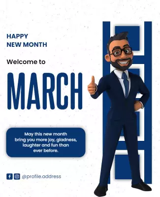 Cheerful 3D Character Welcome March New Month Poster Template
