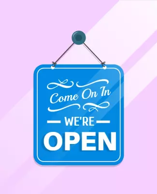Cheerful Blue Open Sign with Decorative Typography Poster Template