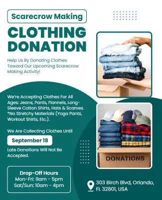 Cheerful Blue Scarecrow Clothing Donation Drive Flyer Template