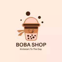 Cheerful Brown Bubble Tea Character Inviting Customers Logo Template