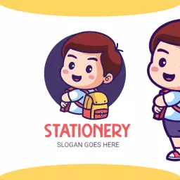 Cheerful Cartoon Character Promoting Stationery Products Logo Template