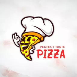 Cheerful Cartoon Chef Slicing Delicious Pizza Logo Template