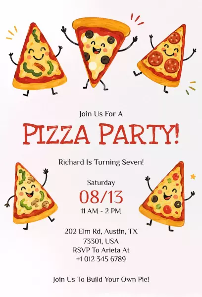 Cheerful Cartoon Pizza Party Celebration Invitation Template