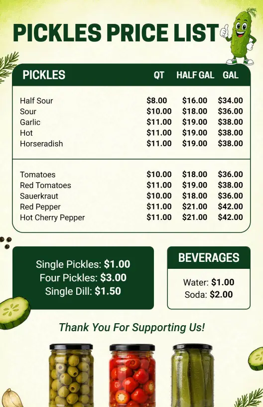 Cheerful Cartoon Style with Jar Images Pickle Price List Template