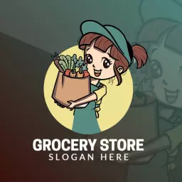 Cheerful Character Holding Fresh Groceries for Food Logo Template