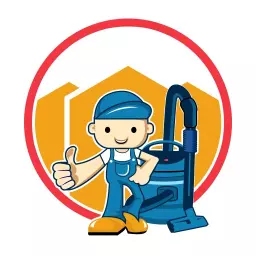 Cheerful Character with Vacuum Cleaner Represents Cleaning Services Logo Template