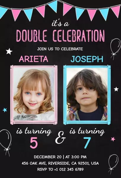 Cheerful Double Celebration Kids Birthday Photo Invitation Template
