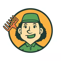 Cheerful Farmer Character with a Rake in Bright Circle Logo Template