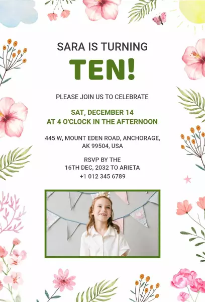 Cheerful Floral Photo Ten Birthday Celebration Invitation Template