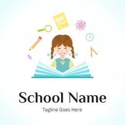 Cheerful Girl Surrounded by Learning Tools for School Logo Template