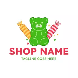Cheerful Green Bear Character with Colorful Candies Gummies Logo Template