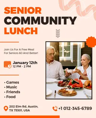 Cheerful Orange Senior Gathering and Lunch Flyer Template