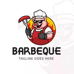 Cheerful Pig Chef with Barbecue Grill and Fire Logo Template