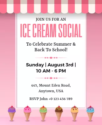 Cheerful Pink Ice Cream Social Summer Celebration Poster Template