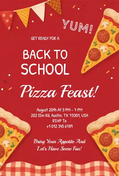 Cheerful Pizza Feast Back To School Celebration Invitation Template