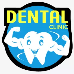 Cheerful Smiling Tooth with Muscles in Dental Clinic Sticker Logo Template