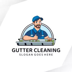 Cheerful Worker Cleaning Gutters for Home Maintenance Logo Template