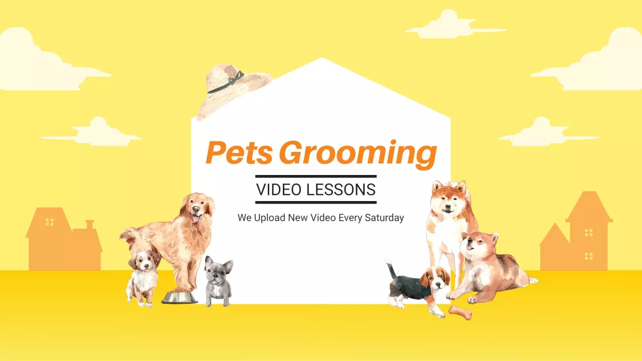Cheerful Yellow Background with Pets Grooming YouTube Banner Template