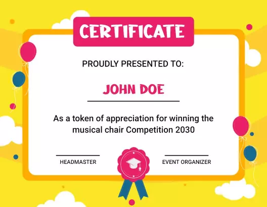 Cheerful Yellow Balloon Musical Chairs Competition Certificate Template