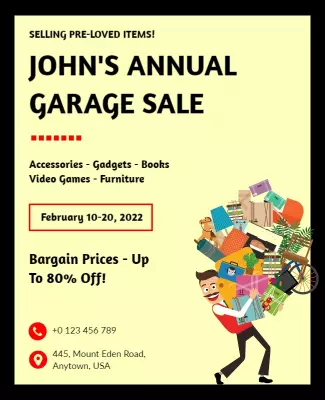 Cheerful Yellow Garage Sale Event with Bargains Poster Template