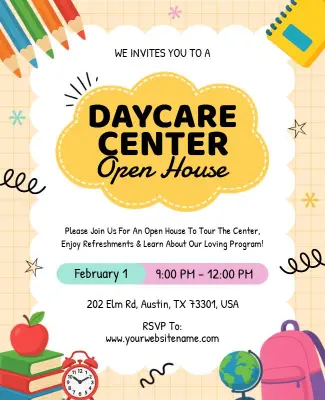 Cheerful Yellow Playful Daycare Open House Invitation Flyer Template