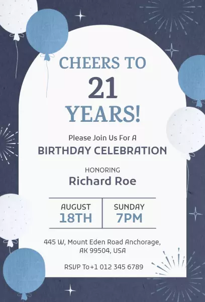 Cheers to 21 Years Celebration Birthday Invitation Template