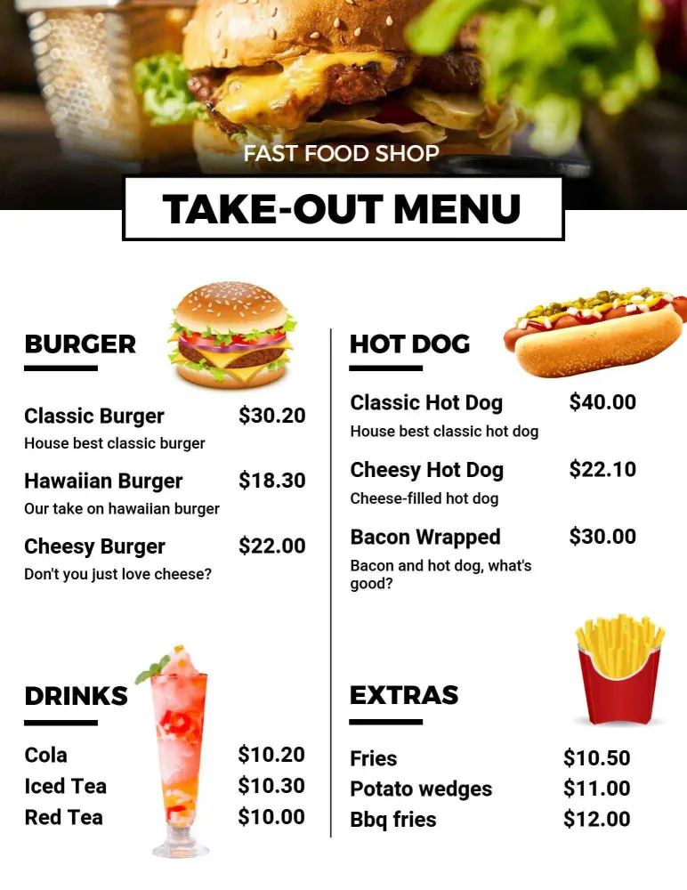 Cheesy Burger and Refreshing Drinks Take-Out Menu Template