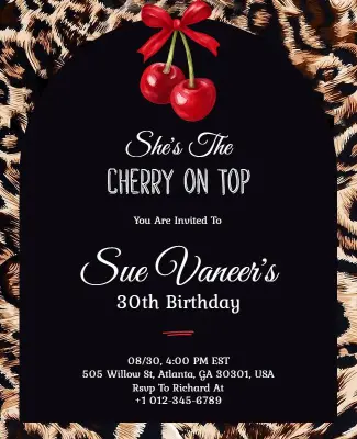 Cherry and Cheetah Print Birthday Invitation Flyer Template