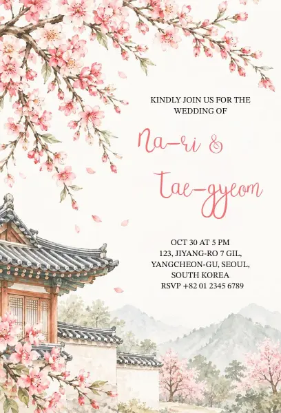 Cherry Blossom Korean Wedding Invitation Template