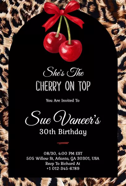 Cherry On Top Cheetah Theme Birthday Celebration Invitation Template