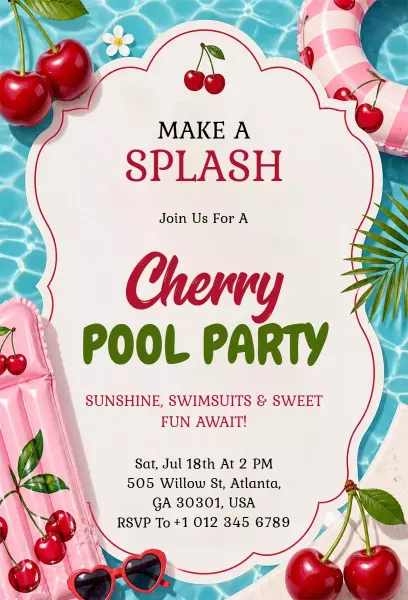 Cherry Summer Pool Party Celebration Invitation Template