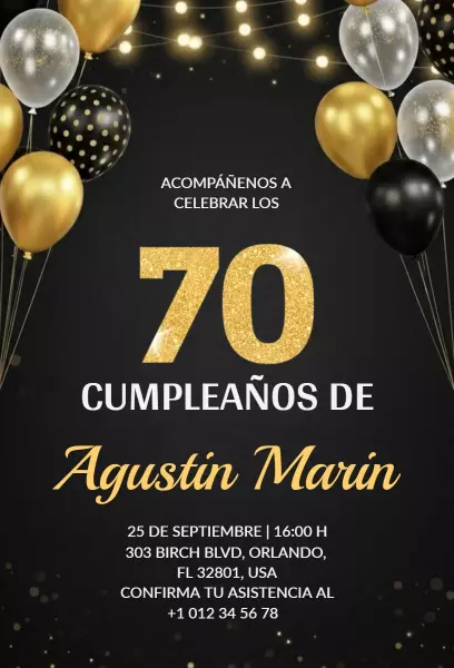 Chic Black and Gold 70th Birthday Celebration Invitation Template
