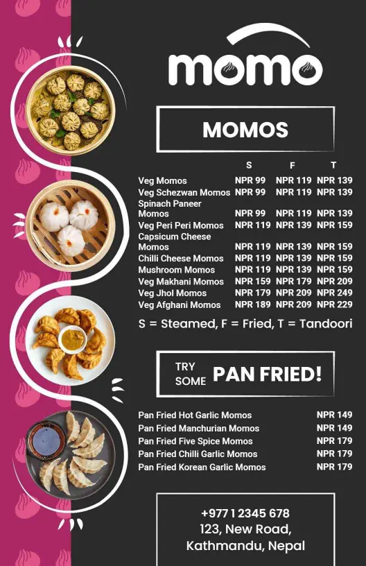 Chic Black and Pink Typography Momo Menu Template
