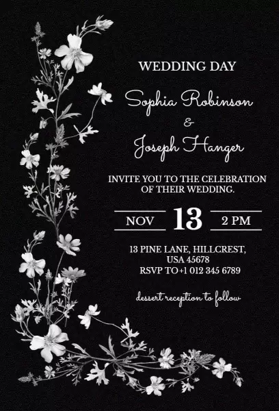 Chic Black and White Floral Wedding Celebration Invitation Template